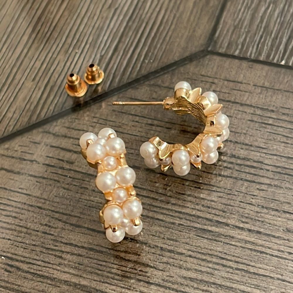Vintage Style Gold-tone, Two Rows of Faux Pearl Hoop Earrings